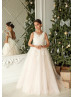 Ivory Lace Pink Glitter Tulle Wedding Flower Girl Dress